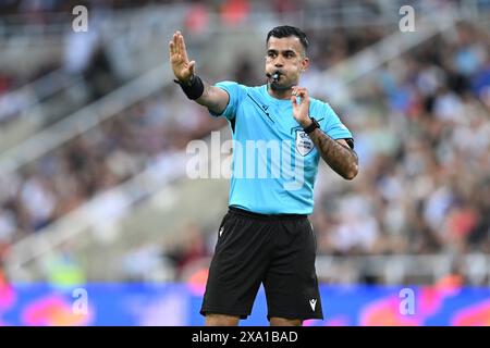 Newcastle Upon Tyne, UK. 03rd June, 2024. NEWCASTLE UPON TYNE, ENGLAND - JUNE 3: Referee Rohit Saggi whistles during the international friendly match between England and Bosnia & Herzegovina at St James' Park on June 3, 2024 in Newcastle upon Tyne, England. (Photo by Will Palmer/SPP) (Will Palmer/SPP) Credit: SPP Sport Press Photo. /Alamy Live News Stock Photo