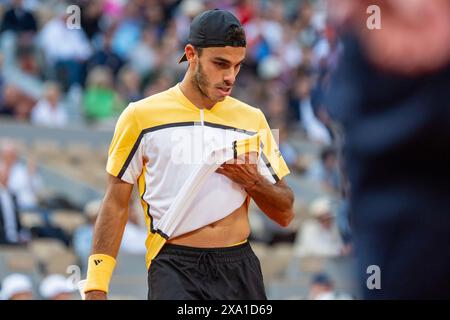 Paris, France. 03rd June, 2024. PARIS, FRANCE - JUNE 3: Francisco Cerundolo of Argentina reacts against Novak Djokovic of Serbia in the Men's Singles fourth round match during Day 9 of the 2024 French Open at Roland Garros on June 3, 2024 in Paris, France. (Photo by Marleen Fouchier/BSR Agency) Credit: BSR Agency/Alamy Live News Stock Photo