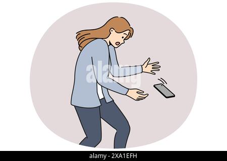 Woman dropped phone and looks shocked at falling gadget, which is at risk of breaking after hitting ground. Girl drops smartphone due to awkward attitude to advertise protective glass or phone cases Stock Vector