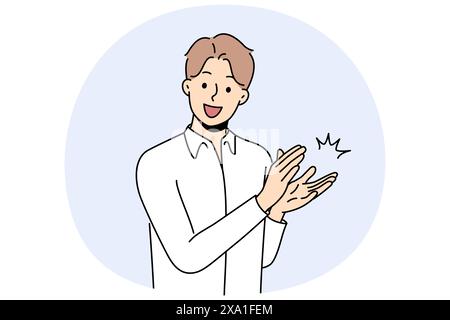 Man claps and applauds to show support or appreciation for successful colleague who has been promoted. Guy applauds you as sign of pride and makes shouts of approval looking at screen. Stock Vector