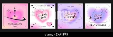 Vector happy valentine's day greeting cards with aura heart blurred gradient. Love covers with romantic symbol. Minimalist poster or invitation banner in trendy y2k style. Social media post templates. Stock Vector