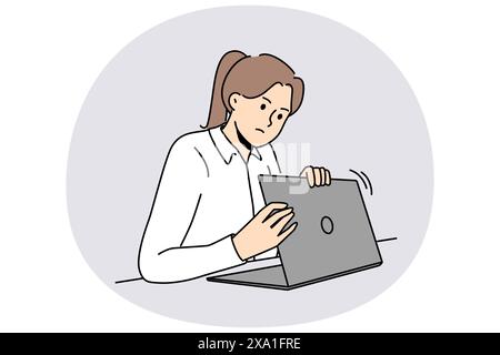 Woman is worried about privacy of data on internet and hides laptop screen while entering password. Taking care of security using internet and maintaining confidentiality to avoid information leakage Stock Vector