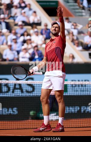 Paris, France. June 03, 2024. Novak Djokovic of Serbia reacts against Francisco Cerundolo of Argentina in the Men's Singles fourth round match during Day Nine of the 2024 French Open at Roland Garros on June 03, 2024 in Paris, France. ( Credit: QSP/Alamy Live News Stock Photo
