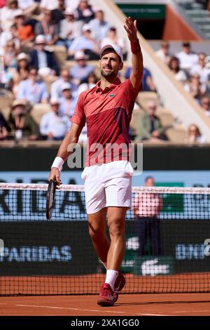 Paris, France. June 03, 2024. Novak Djokovic of Serbia reacts against Francisco Cerundolo of Argentina in the Men's Singles fourth round match during Day Nine of the 2024 French Open at Roland Garros on June 03, 2024 in Paris, France. ( Credit: QSP/Alamy Live News Stock Photo
