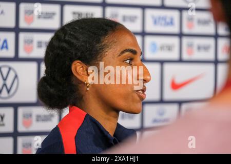 Minneapolis, Minnesota, USA. 3rd June, 2024. United States Midfielder LILY YOHANNES (6) speaks to media during media availability ahead of the United States vs South Korea women's international friendly match at Allianz Field in St. Paul. (Credit Image: © Steven Garcia/ZUMA Press Wire) EDITORIAL USAGE ONLY! Not for Commercial USAGE! Stock Photo