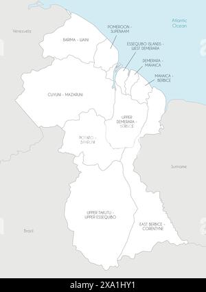 Vector map of Guyana with regions and administrative divisions, and neighbouring countries. Editable and clearly labeled layers. Stock Vector