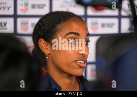 Minneapolis, Minnesota, USA. 3rd June, 2024. United States Midfielder LILY YOHANNES (6) speaks to media during media availability ahead of the United States vs South Korea women's international friendly match at Allianz Field in St. Paul. (Credit Image: © Steven Garcia/ZUMA Press Wire) EDITORIAL USAGE ONLY! Not for Commercial USAGE! Stock Photo