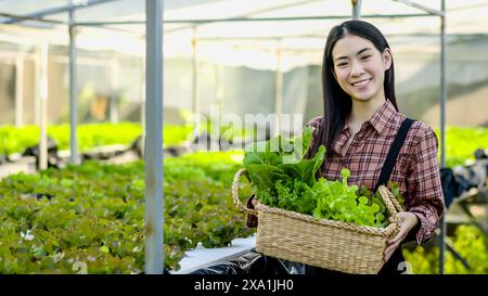 A young woman carries a basket of fresh lettuce in a greenhouse Stock Photo