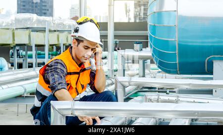 An engineer talking on a walkie-talkie at a construction site. Stock Photo