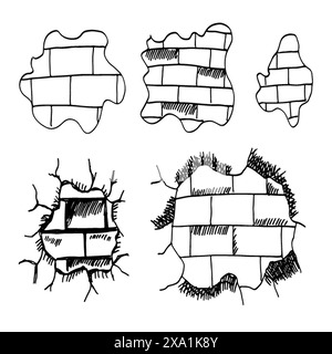 Hand-drawn set of cracked brick walls. Vector illustration. Stock Vector