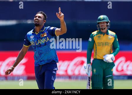 Eisenhower Park, United States. 03rd June, 2024. Dasun Shanaka of Sri Lanka celebrates the wicket of Aiden Markram of South Africa during the ICC Men's T20 Cricket World Cup West Indies & USA 2024 match between Sri Lanka and South Africa at Nassau County International Cricket Stadium on June 03, 2024 in New York. The ICC Men's T20 World Cup 2024 winners will receive the highest amount in the tournament's history. Photo by John Angelillo/UPI Credit: UPI/Alamy Live News Stock Photo