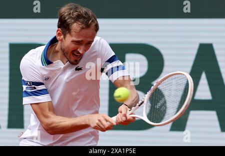 Paris, France. 03rd June, 2024. Daniil Medvedev of Russia plays against Alex de Minaur of Australia during their round-of-16 match of the French Tennis Open at Roland Garros in Paris, France, on Monday, June 3, 2024. De Minaur won 4-6, 6-2, 6-1, 6-3 and qualified for the quarter finals. Photo by Maya Vidon-White/UPI Credit: UPI/Alamy Live News Stock Photo