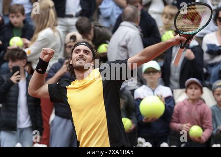 Stefanos Tsitsipas of Greece celebrates his fourth round victory during day 8 of the 2024 French Open, Roland-Garros 2024, Grand Slam tennis tournament on June 2, 2024 at Roland-Garros stadium in Paris, France Stock Photo