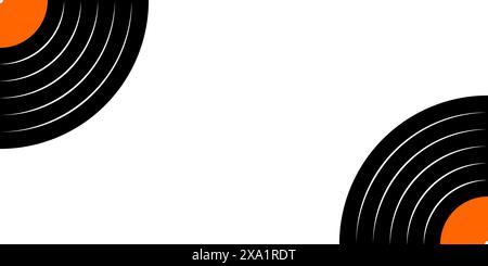 Vinyl disc in corners on white background with empty space. LP or long play music records banner. DJ techno or disco party concept. 70s 80s 90s discotheque nostalgia wallpaper. Vector illustration. Stock Vector