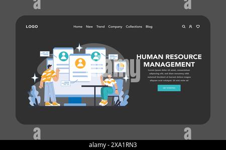 Strategy and management night or dark mode web or landing page. Dynamic human resource management with employee profiling and engagement strategies. Talent acquisition and optimization. Stock Vector
