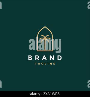 Minimalist Lines of Palm Trees Inside the Dome Frame Logo Design. Middle Eastern Door Frame With Palm Tree Icon Inside Logo Design. Stock Vector
