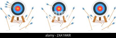 Set of archery dart boards with arrows hitting or missing bullseye. Sports game or business strategy. Success or failure, goal achieving or mistake concept. Vector cartoon illustration. Stock Vector
