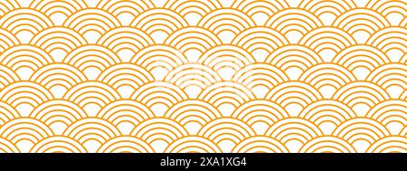 Repeating orange arch shapes. Suns wallpaper. Japanese seigaiha pattern. Waves background. Scallops print. Fish squama or dragon scale. Geometric ornament with round shapes. Vector flat illustration. Stock Vector