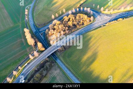 Aerial view of the intersection in the countryside in the evening light Stock Photo