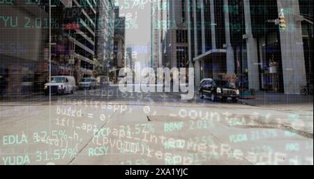 Image of stock market data processing against euro symbol falling on the street and breaking Stock Photo