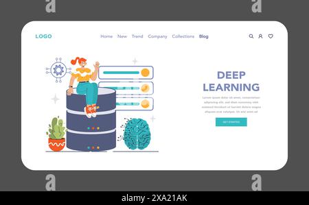 Deep Learning concept. A casual tech enthusiast sits atop a layered data structure, symbolizing complex AI algorithms. Flat vector illustration Stock Vector