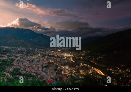 Thimphu City and mountain night view from the hilltop Stock Photo