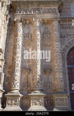 A Detail of stone columns with bas-reliefs in the Renaissance and Plateresque style of the 16th century of the cathedral of Plasencia, Spain Stock Photo