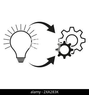 Idea to implementation. Light bulb and gears. Arrows in motion. Vector illustration. Stock Vector
