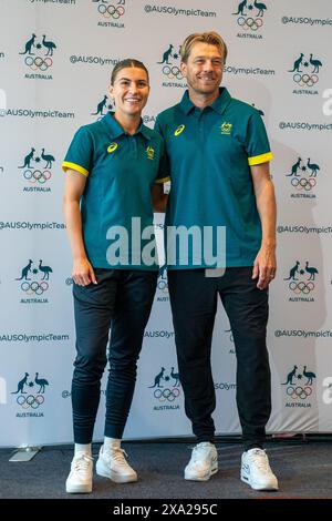 Sydney, Australia. 04th June, 2024. Sydney, Australia, June 4th 2024: Steph Catley (7 Australia) and Tony Gustavsson (Australia Head Coach) during the Australian Olympic team announcement at the Locker Room in Sydney Olympic Park in Sydney, Australia. (Noe Llamas/SPP) Credit: SPP Sport Press Photo. /Alamy Live News Stock Photo