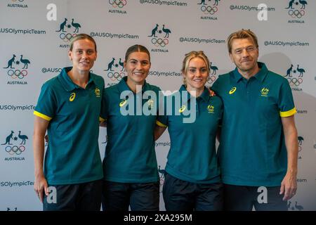 Sydney, Australia. 04th June, 2024. Sydney, Australia, June 4th 2024: Emily van Egmond (10 Australia), Steph Catley (7 Australia), Ellie Carpenter (21 Australia) and Tony Gustavsson (Australia Head Coach) during the Australian Olympic team announcement at the Locker Room in Sydney Olympic Park in Sydney, Australia. (Noe Llamas/SPP) Credit: SPP Sport Press Photo. /Alamy Live News Stock Photo