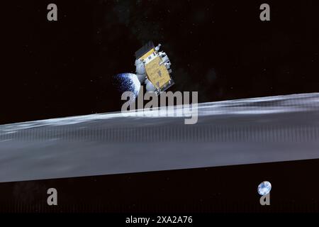 (240604) -- BEIJING, June 4, 2024 (Xinhua) -- This image taken from video animation at Beijing Aerospace Control Center (BACC) on June 4, 2024 shows the ascender of China's Chang'e-6 probe, carrying samples collected from the moon's far side, lifting off from lunar surface. The ascender of China's Chang'e-6 probe lifted off from lunar surface on Tuesday morning, carrying samples collected from the moon's far side, an unprecedented feat in human lunar exploration history. The ascender has entered a preset orbit around the moon, said the China National Space Administration (CNSA). (Xinhua/Jin Stock Photo