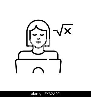 Girl at laptop and square root formula. Digital math learning integration. Engineering, computer science student. Icon Stock Vector