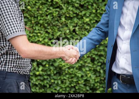 Completion honesty teamwork Concept. Hands of Honest Lawyer Partner promise Professional Team make Law Business Agreement after Complete Deal. Ethics Stock Photo