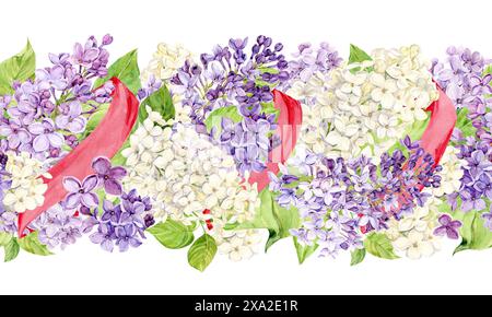 Horizontal seamless border with white and purple lilacs wrapped in pink silk ribbons. Watercolor spring flowers in botanical style. Hand drawing on a Stock Photo