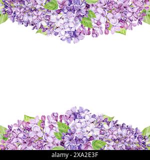 Beautiful lilac lilac with leaves and buds. Hand drawn watercolor illustration. Frame, square template, blank for text, isolated from background. Stock Photo