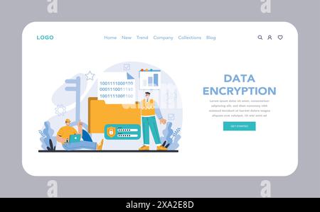 Data Encryption web or landing page. Showcasing cutting-edge security protocols for digital data. Advanced encryption methods for information protection. Flat vector illustration. Stock Vector