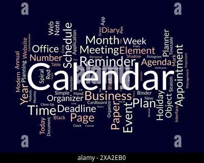 Calendar word cloud template. Diary planning concept vector tagcloud background. Stock Vector