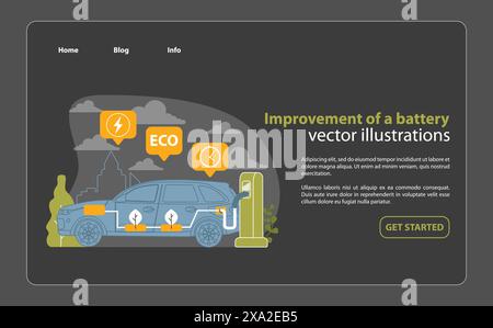 Battery Technology Advancement Illustration. This vector captures the progress in electric vehicle battery life and eco-efficiency, with a focus on innovation and sustainability. Stock Vector