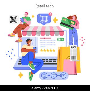 Retail Tech concept. Illustrated figures engage with digital shopping, highlighting convenience and modern purchase methods. Enhanced consumer experience, seamless transactions, online retail dynamics. Vector illustration. Stock Vector