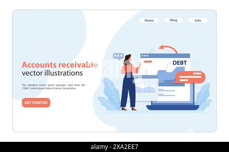 Monitoring accounts receivable operations. Woman reviews digital dashboard with graphs, invoices, and debt notification. Financial claims management. Flat vector illustration. Stock Vector
