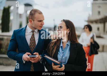 Young business professionals communicating and walking outdoors in a modern city setting Stock Photo