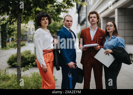 Business team discussing project on urban street in modern city Stock Photo