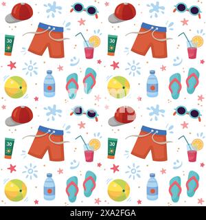 Male Beach accessories seamless pattern. Beach holidays concept. Flat design, cartoon vector illustration. Stock Vector
