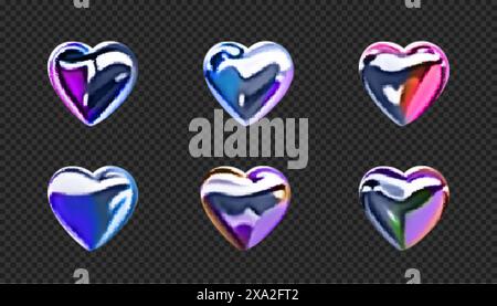 Set of 3d hologram hearts in y2k style. Stock Vector