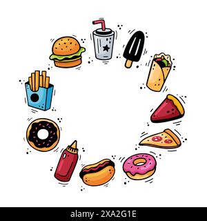 Hand drawn fast food round frame, copy space. Doodle Fast food circular frame. Fast food illustration in doodle style. Stock Vector