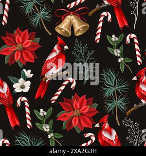 Seamless pattern with Christmas elements such as fir, red birds, poinsettia . Vector. Stock Vector