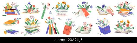Books with spring and summer flowers 2D cartoon objects set. Literature and blossom isolated line vector elements white background Stock Vector