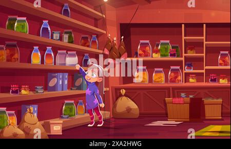 Little girl in basement storage room reach out to pick up glass jar of juice. Cartoon vector child in pantry room interior with wooden shelves, glass bottles, boxes and sacks with food and drinks. Stock Vector