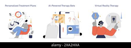 AI in Psychology set. Personalized treatment, therapy bots, and virtual reality applications. Tailored healing approaches and digital interactions. Vector illustration. Stock Vector