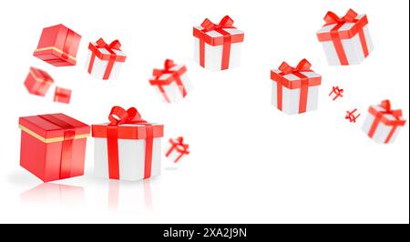 White gift boxes with red ribbon and bows isolated on white background. Gift boxes flying and falling. Stock Photo